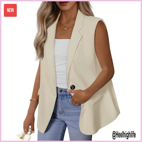 Oversized Sleeveless Blazer Vest Notched Lapel Two Pockets Business Casual